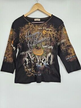 Vintage Y2K Studio Gem Halloween Rhinestone Graphic Shirt L 3/4 Sleeve